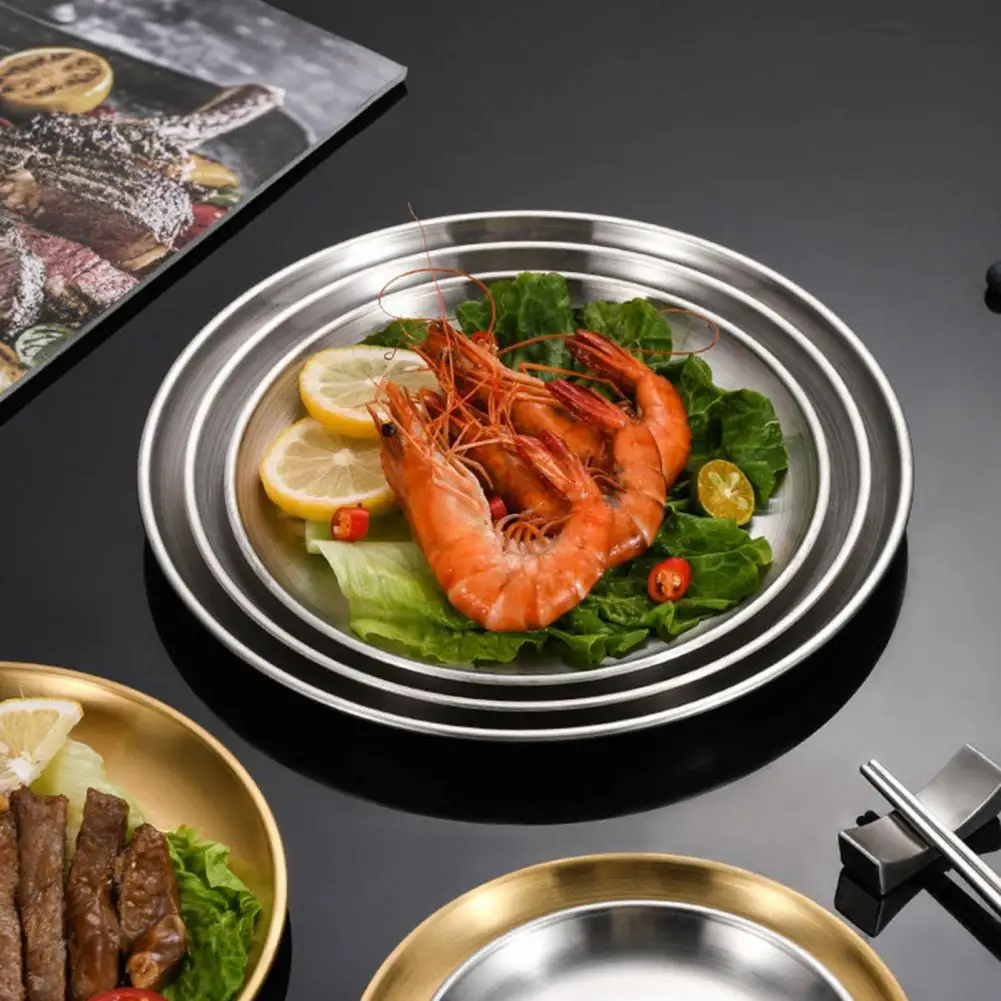 Fruit Bowl Plate Stainless Steel Dinner Plates for Home Kitchen Outdoor Camping Bbq Round Salad Serving Plate for Easy Versatile