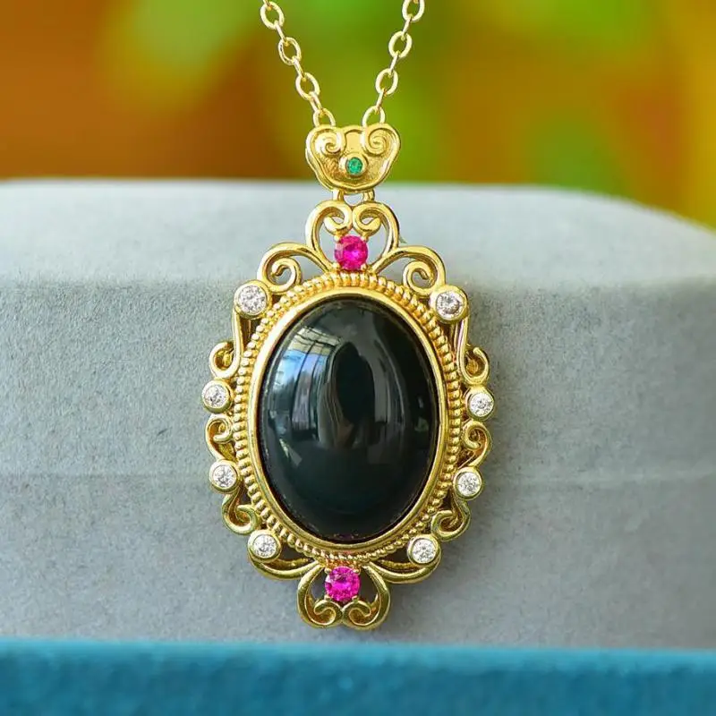

Кулон из натурального черного нефрита с цирконом, рубином, изумрудом, нефритом, золотом, полыми овальными подвесками, ожерелье, женские модные аксессуары