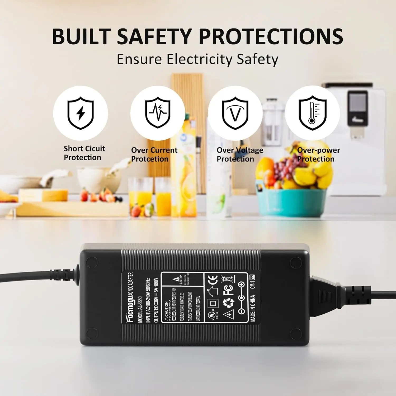 Universal 24V Power Adapter with Multi-Current Output and International Power Cord