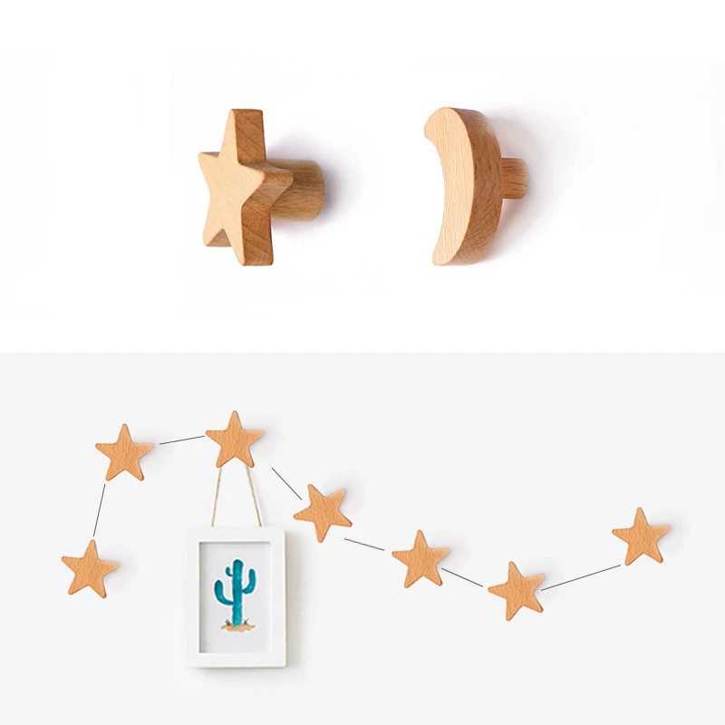

1Pc Star Moon Wooden Hook Multi-Purpose Key Holder Coat Storage Rack Wall Self Adhesive Hook Children Room Decoration Gadgets