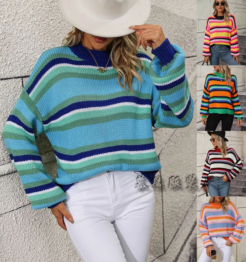 

2023 Autumn/Winter New Combination Knitwear Loose Interlaced Round Neck Striped Sweater for Women