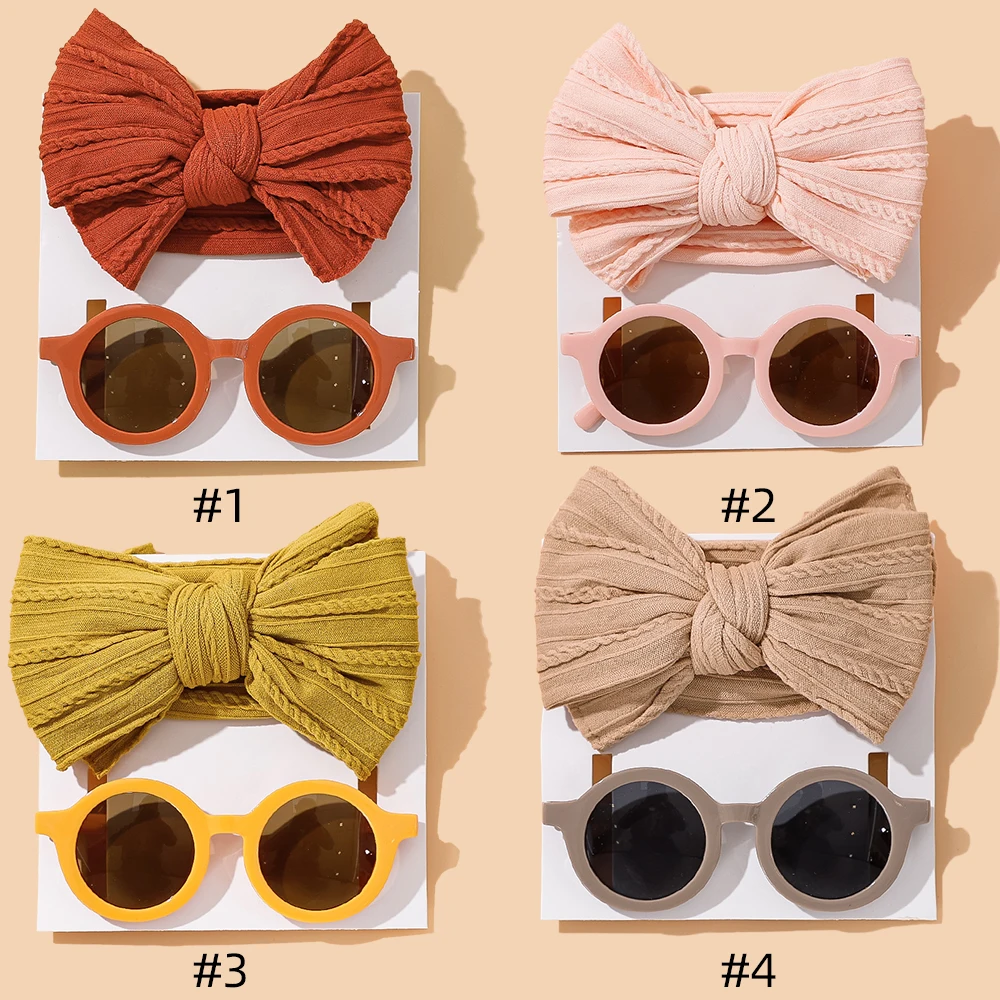 2Pcs/Set Puff Bow Baby Headband Sunglasses Matte Flower Circular Sun Glasses Eye Wear Elastic Nylon Hair Bands Seaside Headdress 6