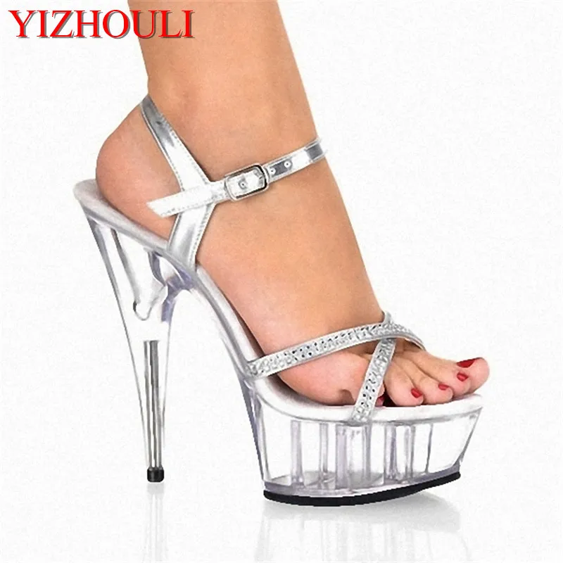 

Summer women's silver 15 cm high heel sandals, leather material sexy nightclub dance shoes