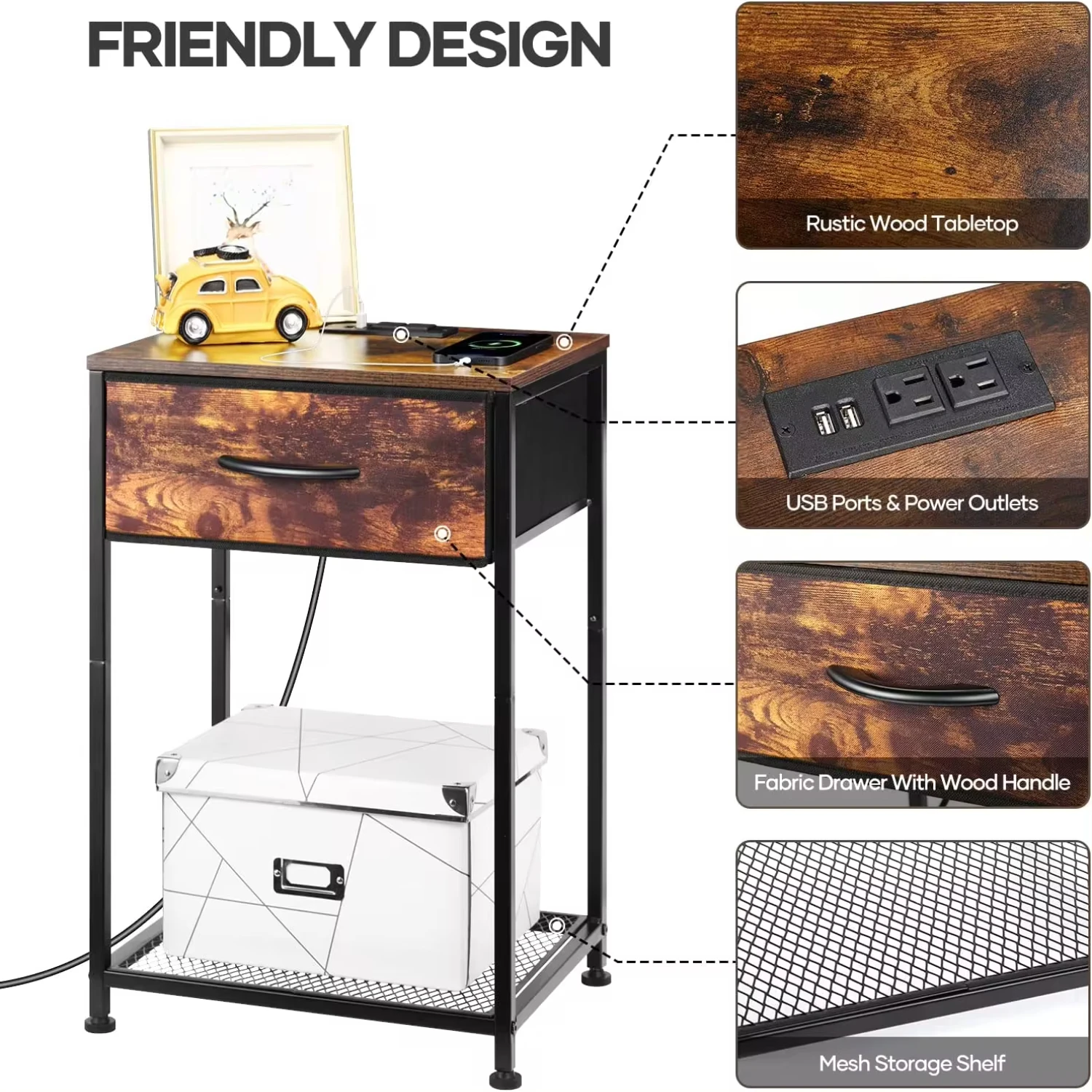 Nightstand End Table with Charging Station USB Ports Drawer  Shelf Brown