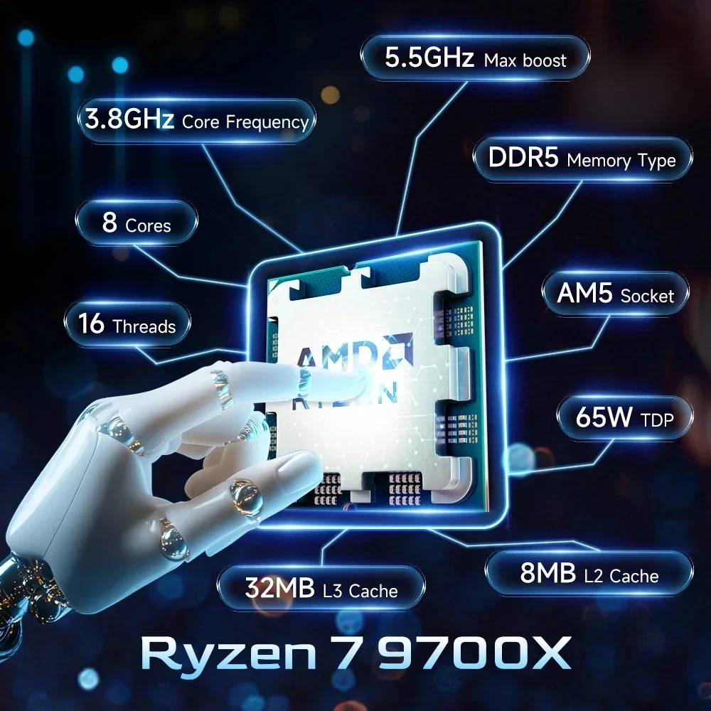 AMD 라이젠 7 9700X 게이밍 및 사무용 듀얼 유즈 데스크탑 CPU 8코어 16스레드 5.5GHz 32MB 캐시 AM5 DDR5 4nm 쿨러 미포함