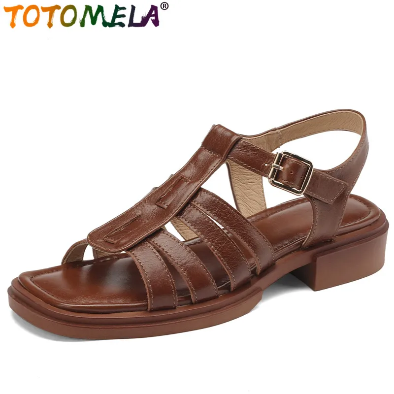 

TOTOMELA 2024 New Size 34-43 Retro Genuine Leather Sandals Buckle Square Low Heels Shoes Office Ladies Slingbacks Casual Sandals