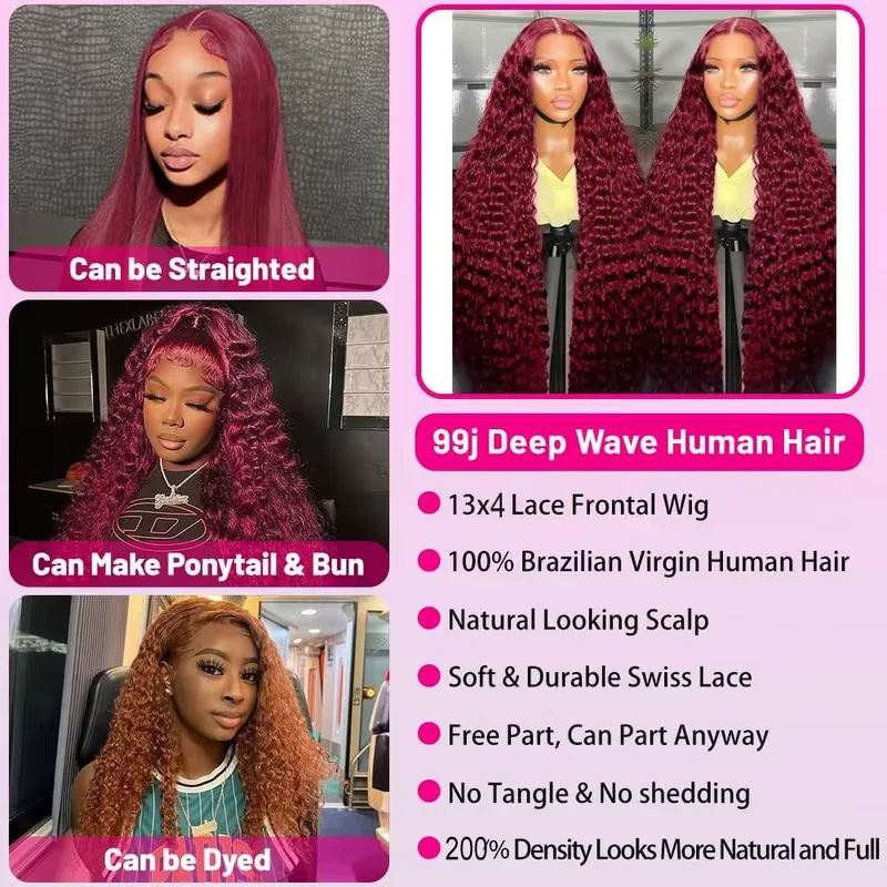 99J Burgundy Deep Wave 13x4 Lace Frontal Wig Red Wine Water Human Hair Brazilian 30 40 Inch Kinky Curly 13x6 HD Lace Front Wigs