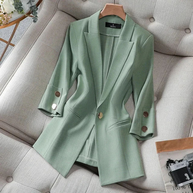 2022 Summer Solid Color elegancka zielona marynarka w stylu Casual, cienka kurtka damska koreański styl V-neck damski garnitur oficjalny płaszcz 1