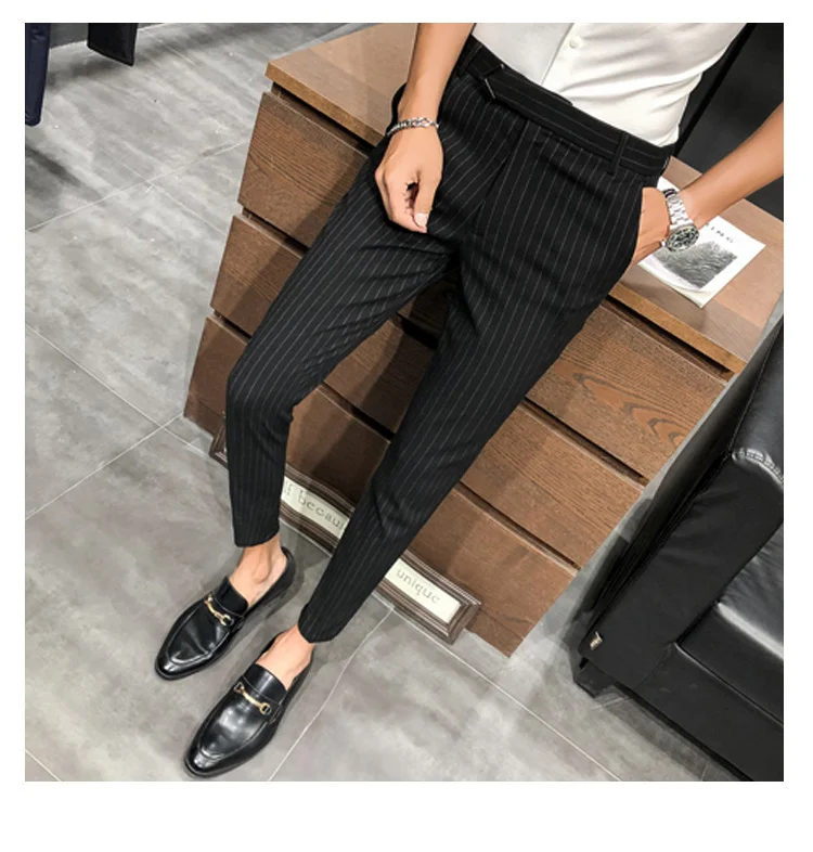 black blazer for men Style British Suit Pants Men Dress Pants Social Slim Fit Office Trousers Men Grey 2022 Spring New Striped Belt Trousers Men's casual blazer