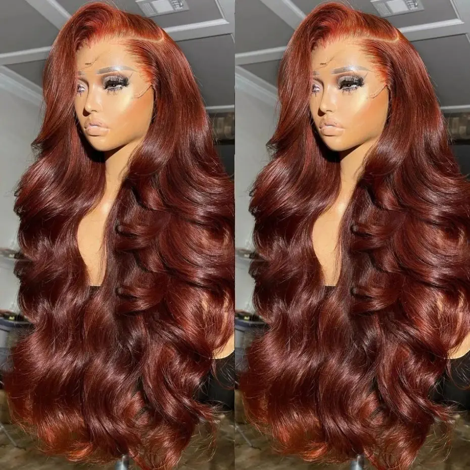 

#33 Reddish Brown Glueless Body Wave Human Hair Wigs 30 Inch Brazilian 13X4 13x6 HD Transparent Lace Front Wig Lace Closure Wig