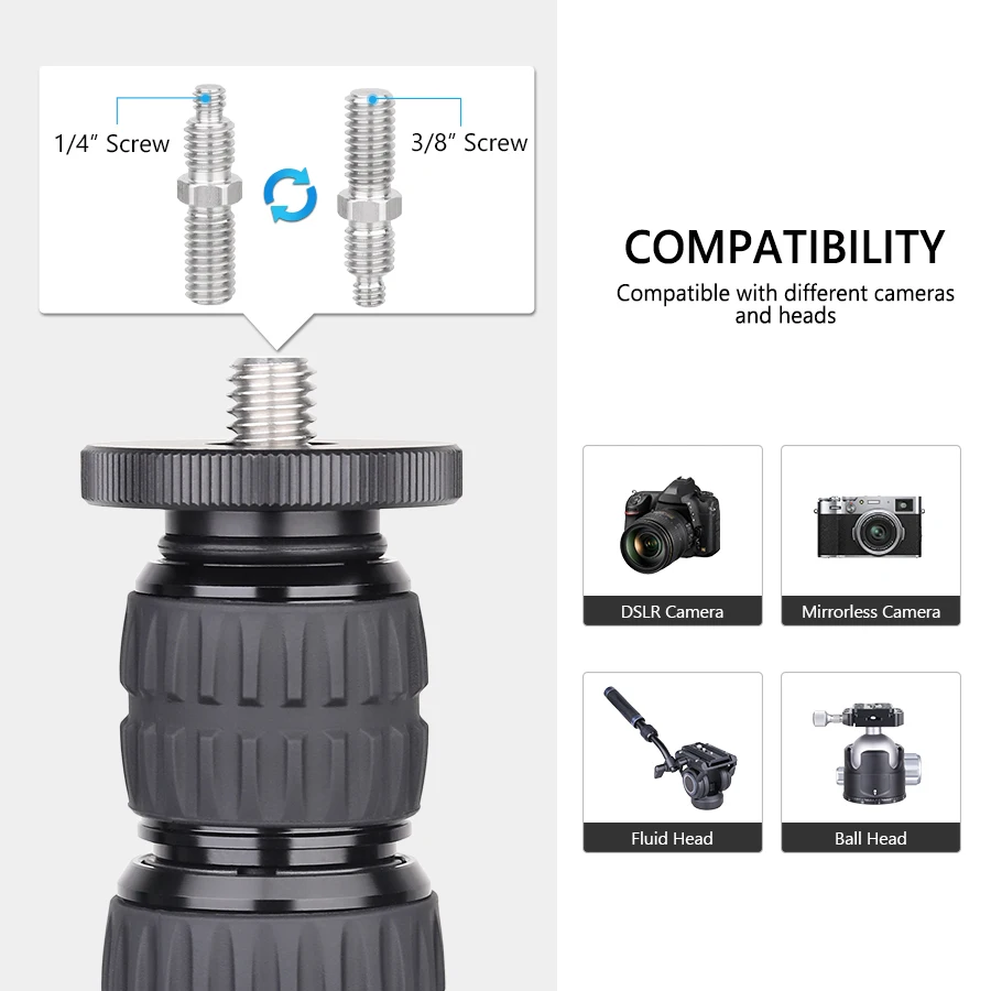 Description Picture 3 of itemVICELK ER22 3-Section Aluminum Alloy Tripod Center Column Mount Monopod Extension Rod for DSLR Cameras Outdoor Macro Shooting
