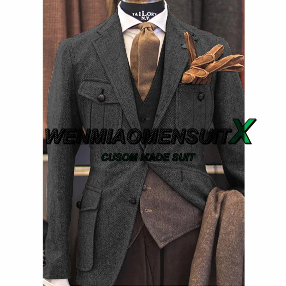 Men Suits Jackets Herringbone Blazer 2 Buttons Winter Warm Fleece Jacket