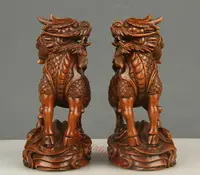 Chinese Exquisite Hand-carved Kirin Carving Boxwood statue 2pcs 1