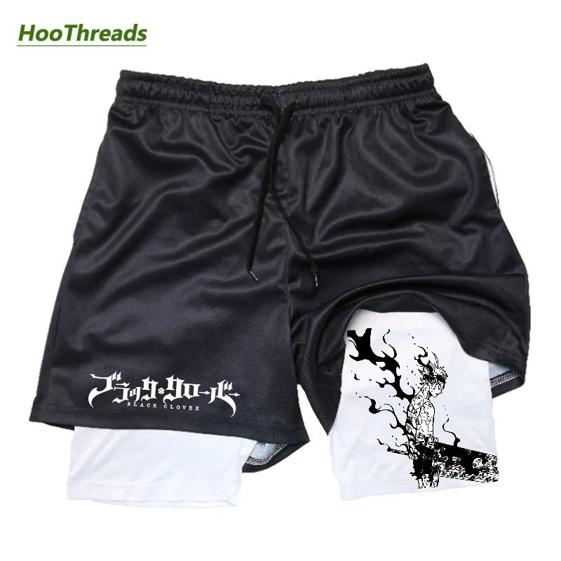 

Mens 2 in 1 Athletic Compression Shorts Anime Black Clover Print Quick Dry Stretchy 5 Inch Active Gym Shorts Workout Running