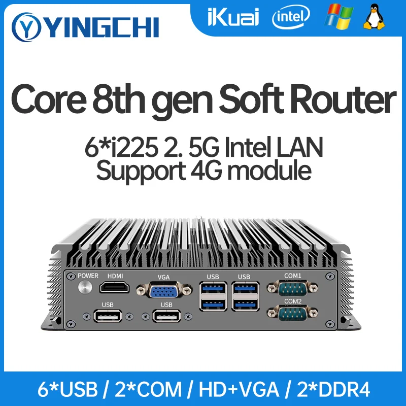 

YINGCHI Soft Router Intel Core i3 8145U i5 8265U J4125 Fanless Mini PC 4/6X2.5G LAN HD and VGA Dual Ports Firewall Appliance