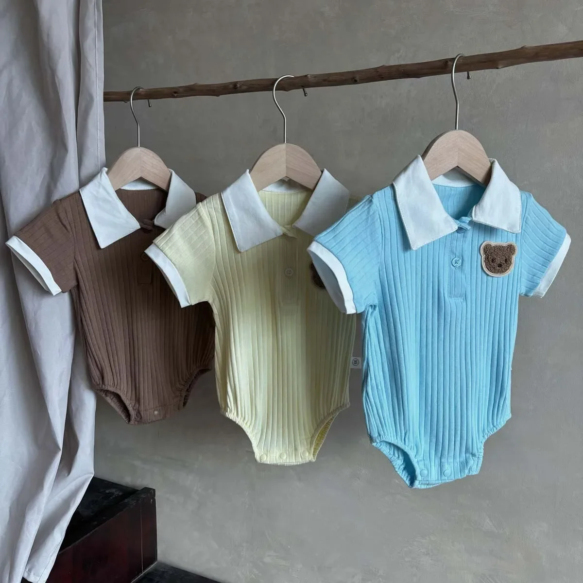 Baby Summer Thin Bear Bodysuit Boys Korean Style Collar Pit Stripe Cotton Romper Crawling Suit Children New Model Cotton Materia