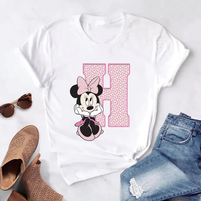 Camisetas de algodón de manga corta de verano para niños, camiseta rosa con letras de Minnie Mouse, fuente ABCDEFG, divertida y bonita para niño y niña