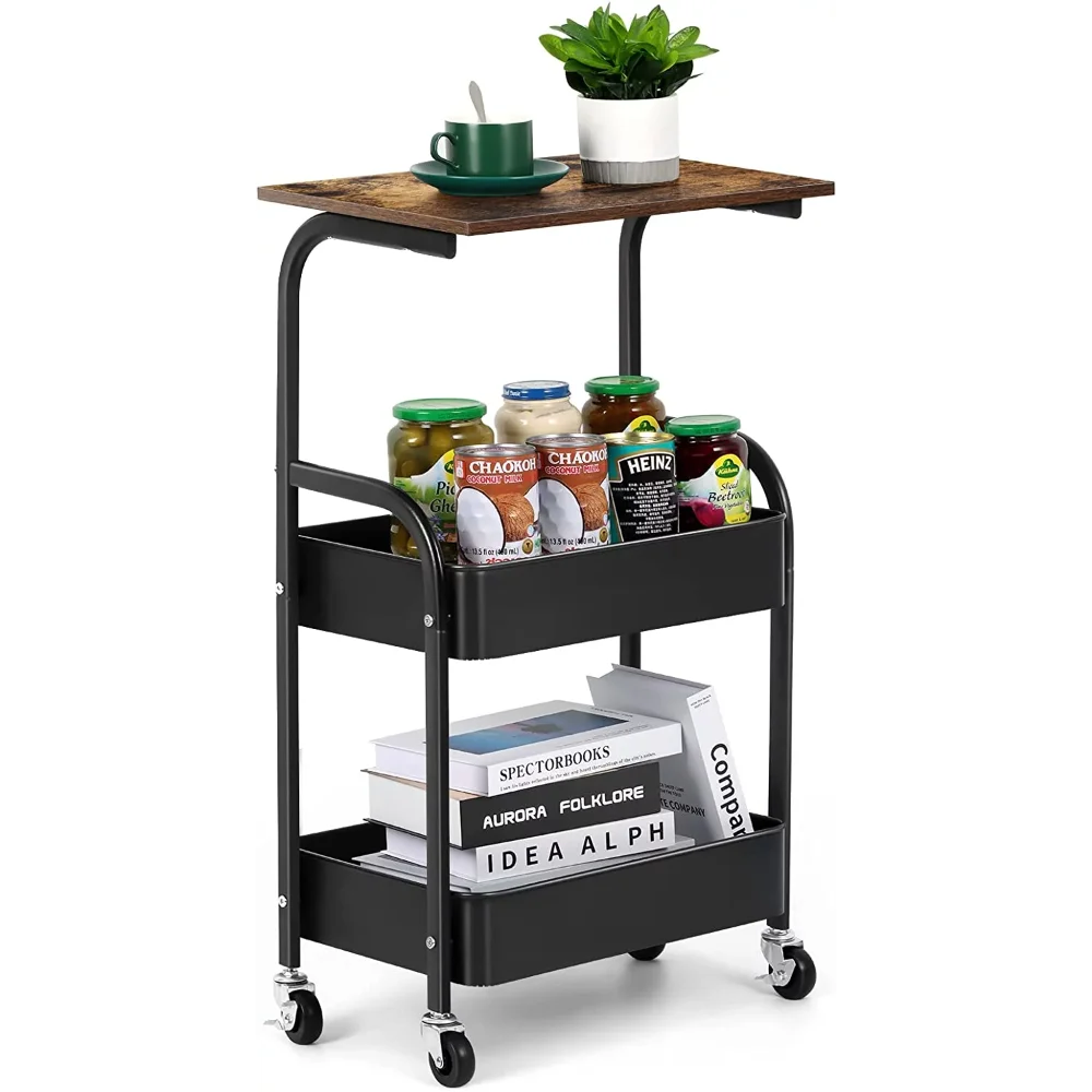 

Oumilen 3-Tier Kitchen Rolling 16.54" Storage Cart with Wheels, Wooden Tabletop, Black