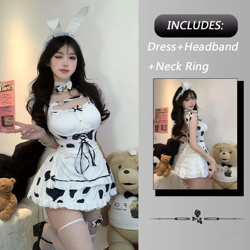 Japanese Anime Bunny Cosplay Costumes Women Sweet Pink And Black Lolita Cat Girl Maid Dress Halloween Cow Print Lingerie Dress