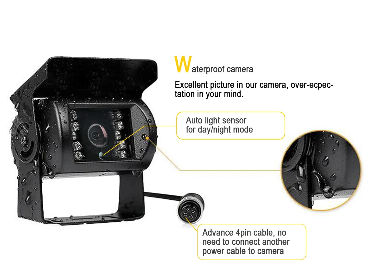 Waterproof 12-32V Volt Backup Reverse Camera System For Truck Cargo School Bus Heavy Duty Vehicle