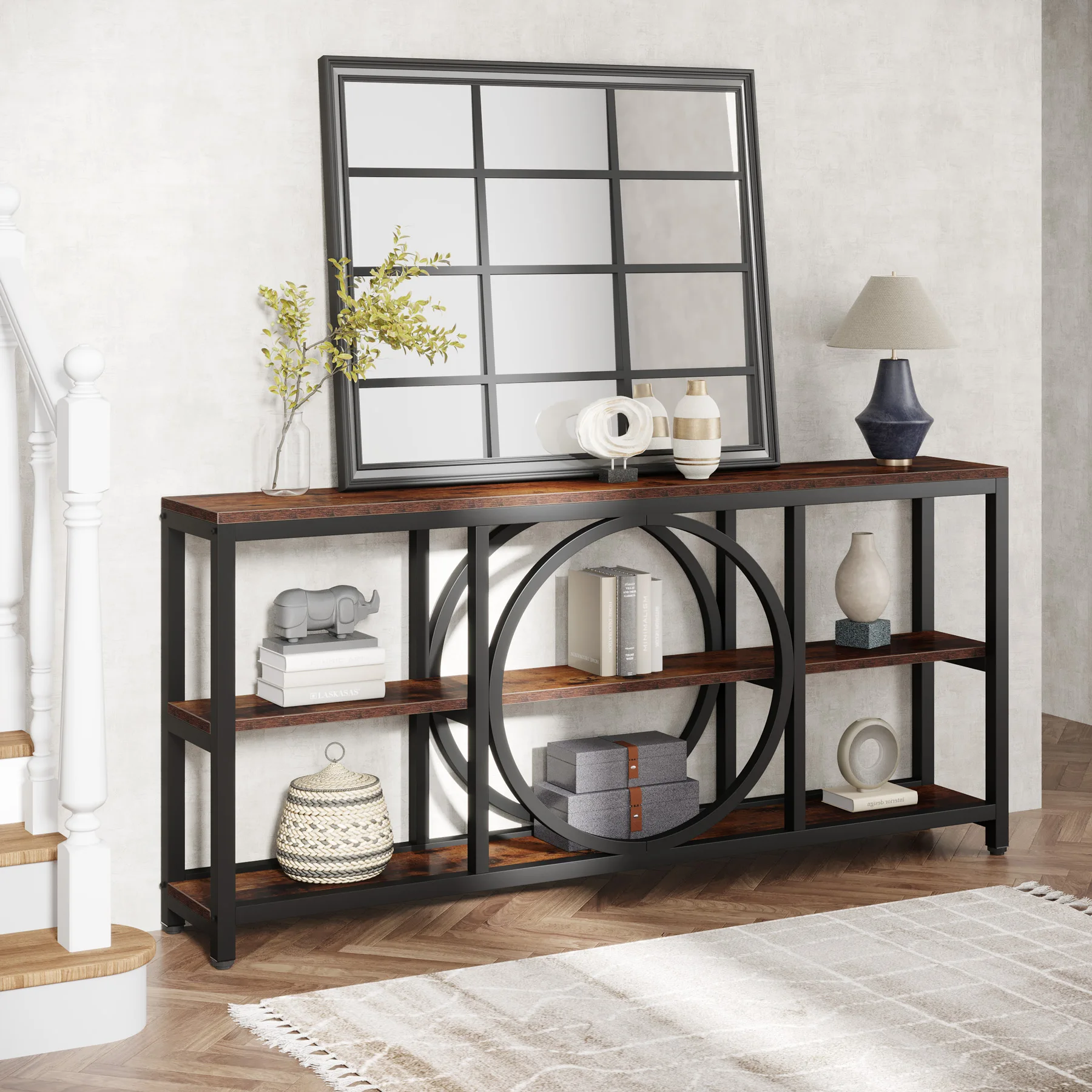 Tribesigns Extra Long Console Table, 70.9 inch Narrow Sofa Tables with 3 Tier Wood Storage Shelves Industrial Metal Frame
