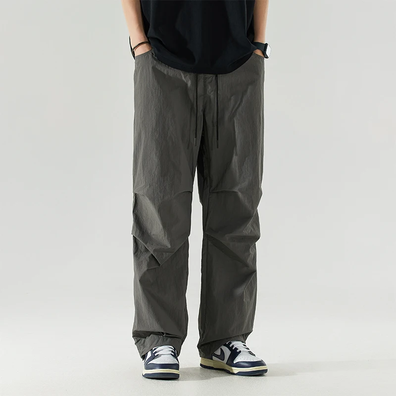 Summer New Korean Loose Casual Wide Leg Pants Men's Solid Patchwork Elastic Waist Drawstring Pocket Thin Straight Trousers 2024
