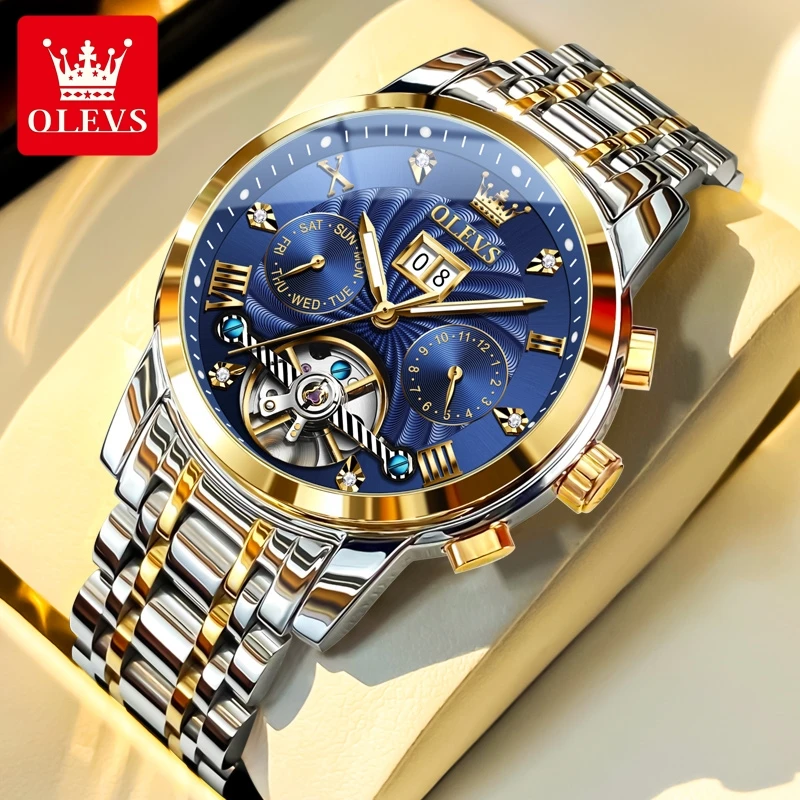 OLEVS 9910 Mens นาฬิกาแบรนด์หรูกันน้ําส่องสว่างอัตโนมัตินาฬิกา Dual ปฏิทินนาฬิกากล่อง Reloj