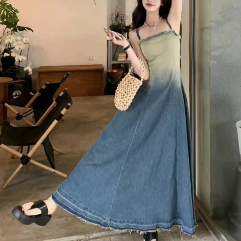 

Biyaby Gradient Denim Sling Dress Woman Vintage Collect Waist Washed Raw Edge Long Dress Ladies Fashion Backless A Line Dresses