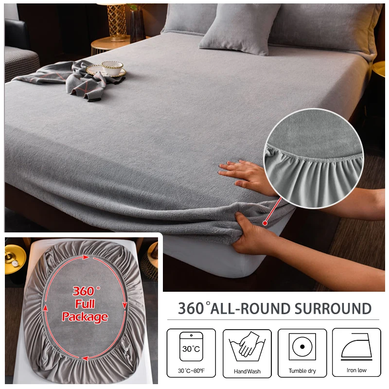 Velvet Mattress Cover Bed Sheet Pad Protector Winter Warm Soft King Queen Quilted Bed Fitted Sheet 140/150/160/180x200cm Decor 2
