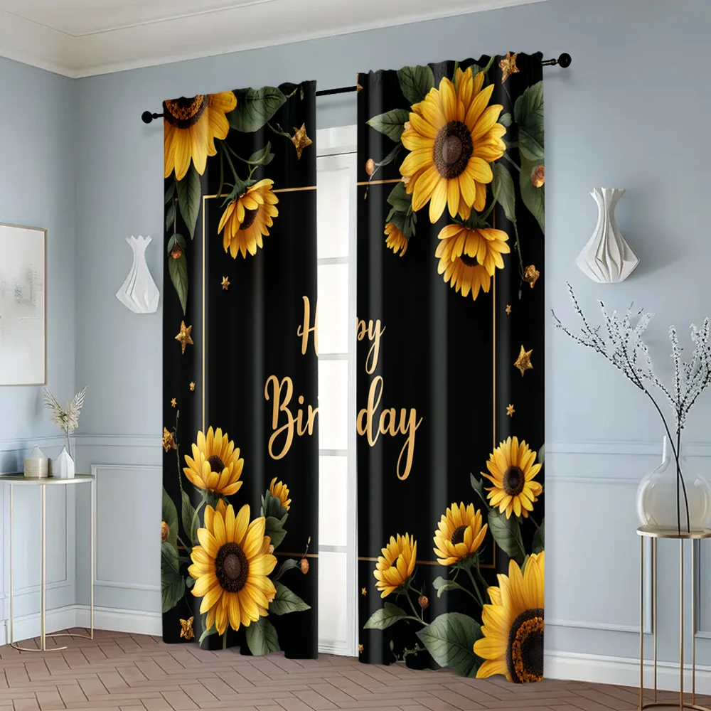 2pcs, Curtains Digital Printed 2D print Sunflower Happy Birthday Durable 100% Polyester Fabric (without rod) Room Decor Use for 6
