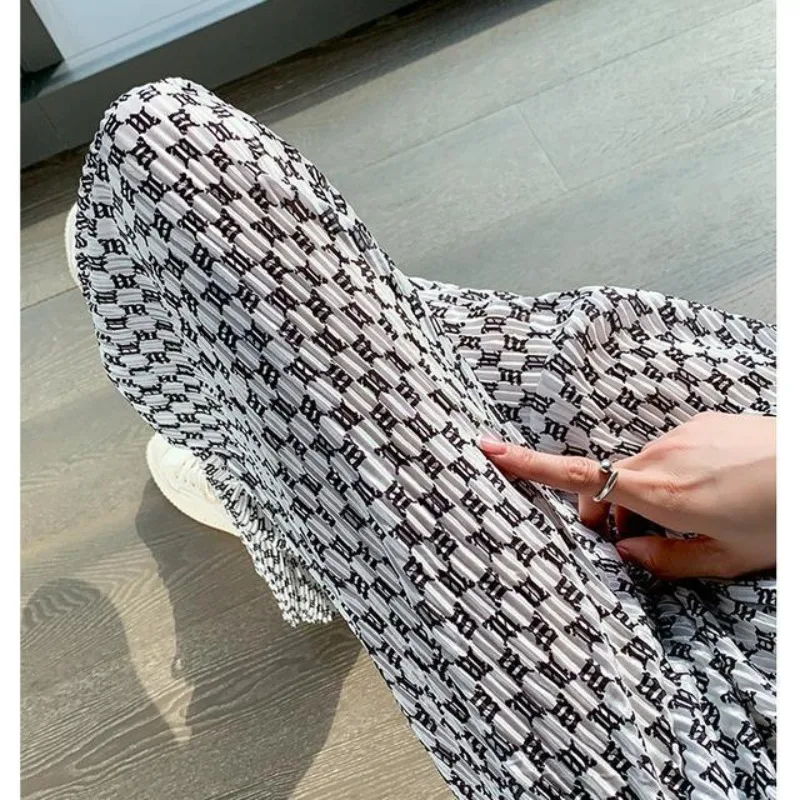 Women's Summer New Thin Fashionable Commute Elasticized High-waisted Plaid Straight Tie Dye Casual Ruched Silk Wide Leg Pants