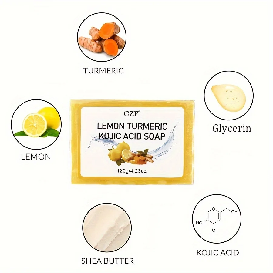 GZE Body Restore Lemon Turmeric Kojic Acid Soap, with Shea Butter, For Face Dark Spots, Body, Rejuvenating, Exfoliating 4