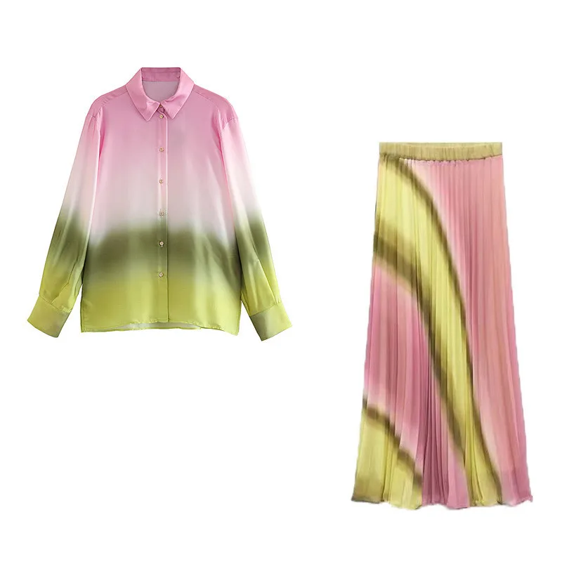 

2023 Women Summer Satin Tie Dyed Skirts Vintage Blouses Tops Set Fashion Loose Female Elegant Street Top Skirts 2 Pieces Suit