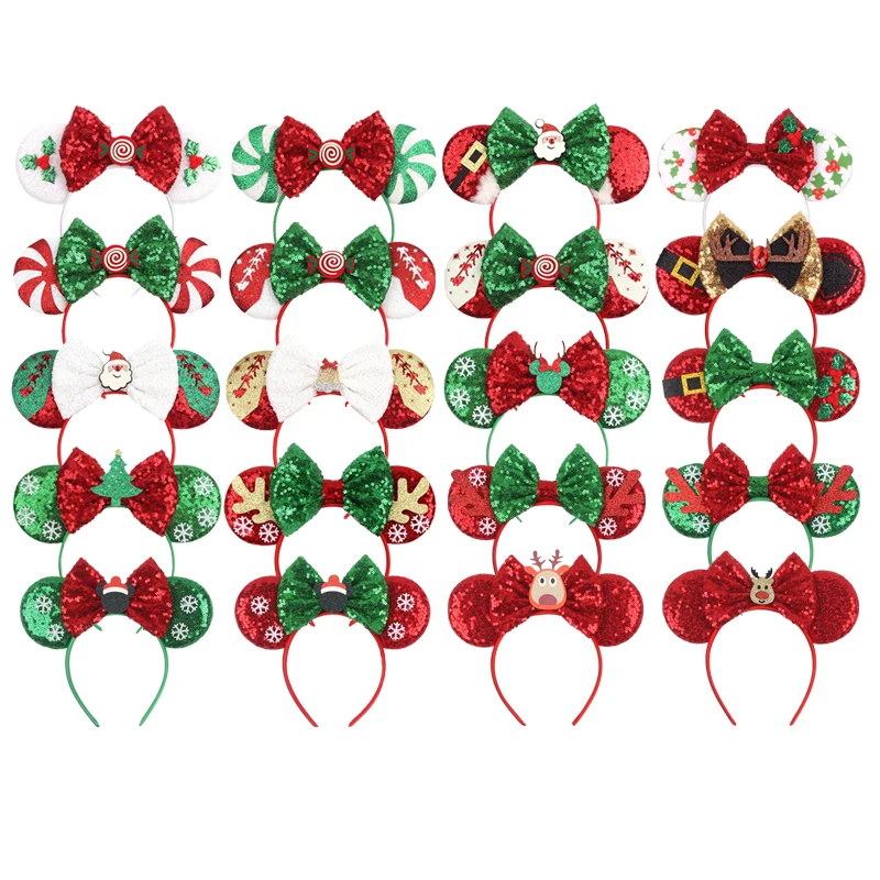 10Pcs/Lot Wholesale Christmas Mouse Ears Headband Snowflake Festival Sequins Bow Hairband Girls Hair Accessories Women Party