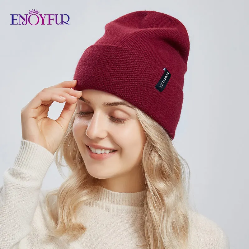 ENJOYFUR Women Winter Hats Cashmere Wool Knit Beanie Hat Soft Warm Double Layer Unisex Cuffed Slouchy Beanie Ski Cap 2