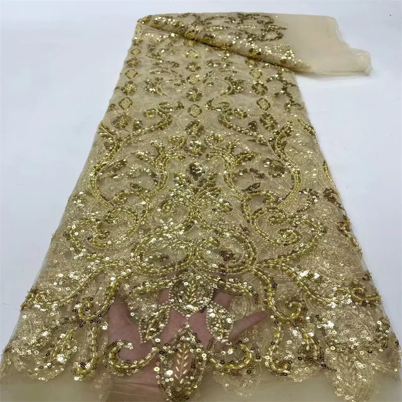 

Luxury African Groom Sequins Lace Fabric High Quality 2024 Gold Heavy Beads Embroidery French Tulle Lace Nigerian Wedding Dress