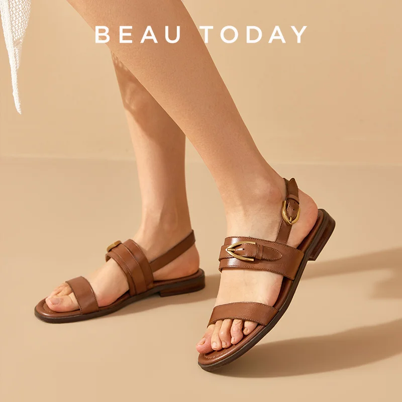 Women Slingback Sandals Flat Sandals Genuine Leather Metal Buckle Slingback Summer Shoes