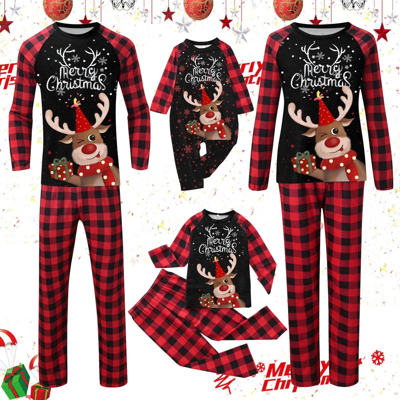 Conjunto de pijama familiar navideño con estampado de renos, ropa de casa, manga larga, cuello redondo, ropa de dormir bonita, top y pantalones, conjunto de dos piezas