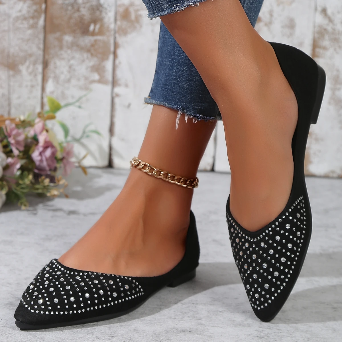 

Elegant Knitted Ballet Flats Woman Point Toe Mesh Moccasins Ladies Big Size crystal Loafers Soft Driving Shoes