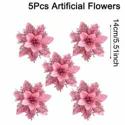 Pink Glitter Christmas Flowers | Tree Toppers & Ornaments | Festive Home Decorations & Gifts (Pink 5pcs)
