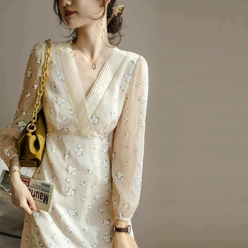 

Women Luxury Party Dress Chiffon Floral High Waist V-neck Loose Apricot Korean 2023 New Elegant Sexy Slim Long Sleeve Midi Dress