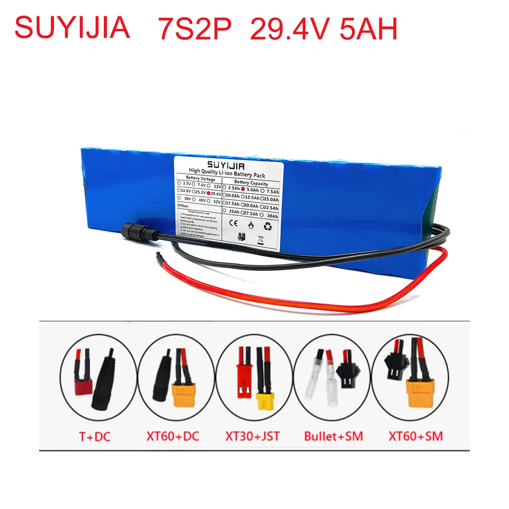 

Original 7S2P 24V 5Ah 18650 Battery Pack 29.4V 5000mAh Rechargeable Battery 2A Charger for Electric Scooter Bicycle Wheelchair