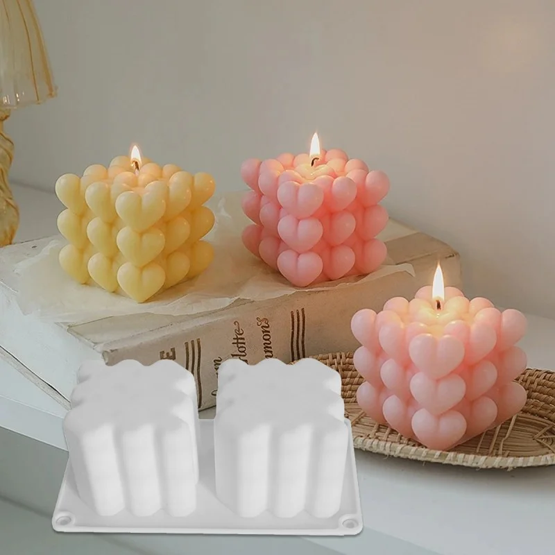 

Diy Cube Love Heart Mousse Mold 3D Heart-shaped Candle Silicone Candle Moulds Handmade Soap Craft Plaster Resin Cake Baking Tool