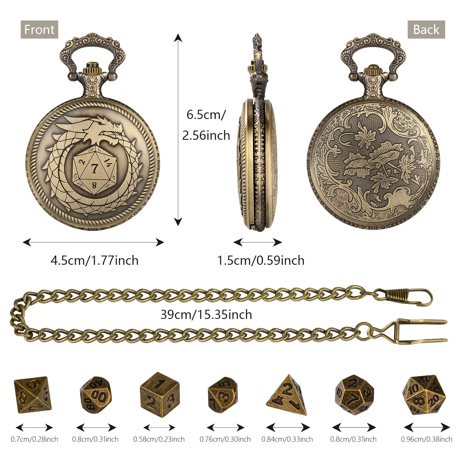 Dragon-Themed Retro Pocket Watch Case with 7-Piece Metal Polyhedral Dice Set