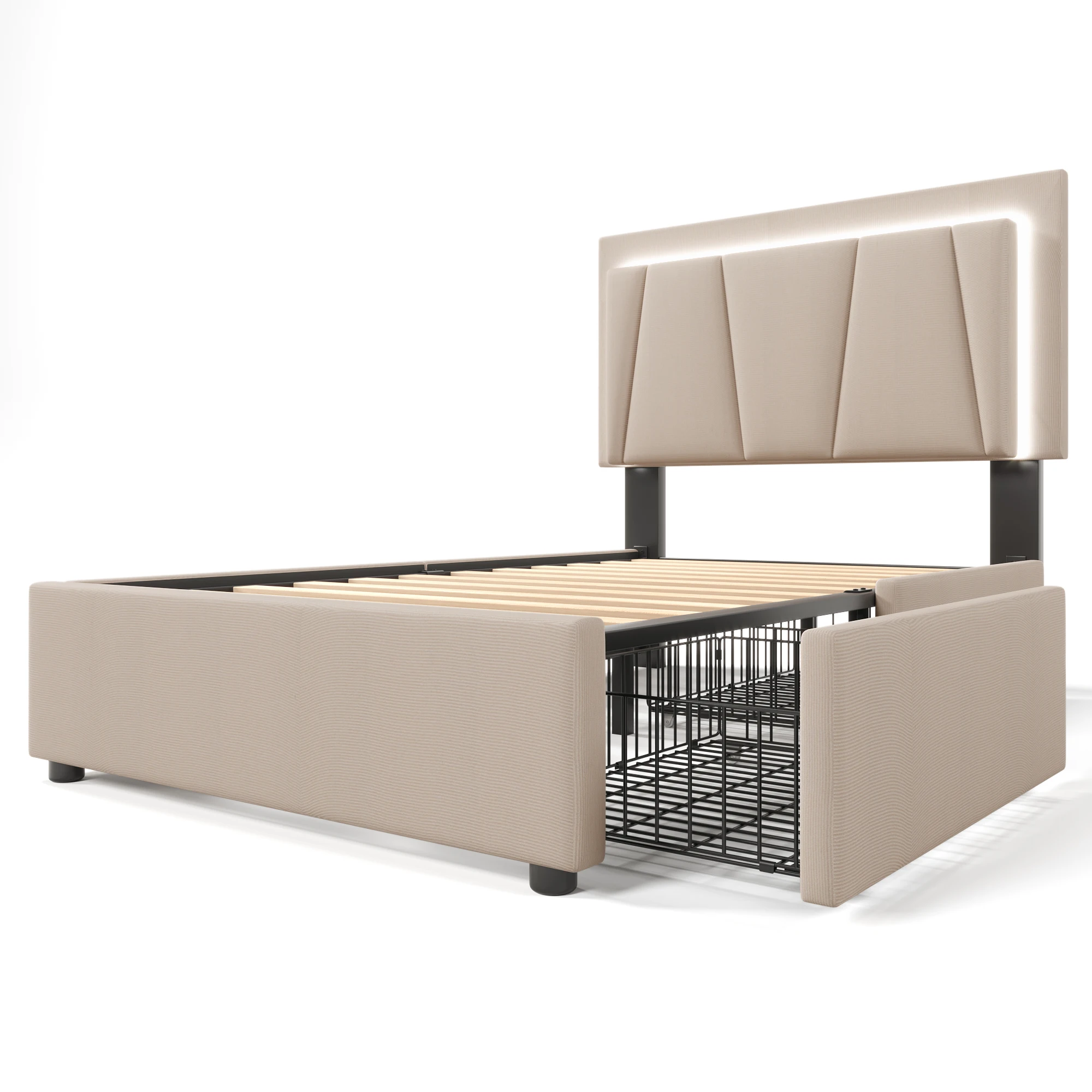 Gepolstertes Einzelbett 90x200cm mit LED-Beleuchtung, 2 Schubladen, verstellbarem Kopfteil, Holzlatten, beige (mit Matratze). – Detail 11