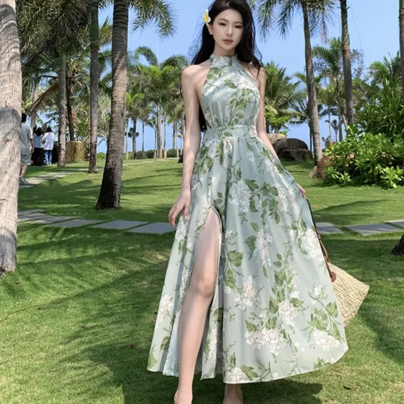 

2024 Summer Women's National Style Printed Dress Strapless Senior Elegant Temperament Thin Split Long Dresses