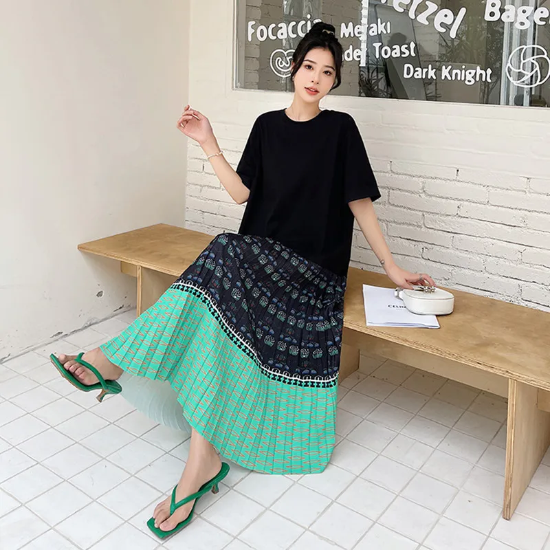 

Japanese Korea Style Patchwork Print Floral Draped Sweet Girls Chic Summer Pleated Dress Plus size Loose Women Casual Long Dress