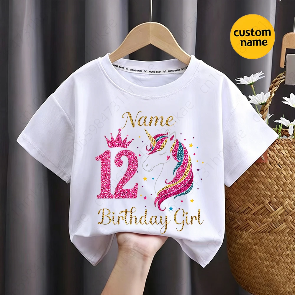 개인화 된 이름 소녀 유니콘 1-12 생일 티셔츠 소녀 파티 티셔츠 어린이 티셔츠  유니콘 의류 탑 티셔츠