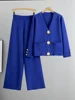 Fall Winter Women's Knit Sweater Sets Large Gold Button V-neck Cardigan Coats Conjunto High Waist Baggy 95cm Wide Leg Pants Suit 5