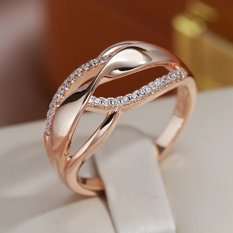 Fashion Twist Double Zircon Women Rings 585 Gold Color Trendy Party Accessories Modern Wedding Jewelry Hypoallergenic wedding rings gold plated rings gold rings golden ring